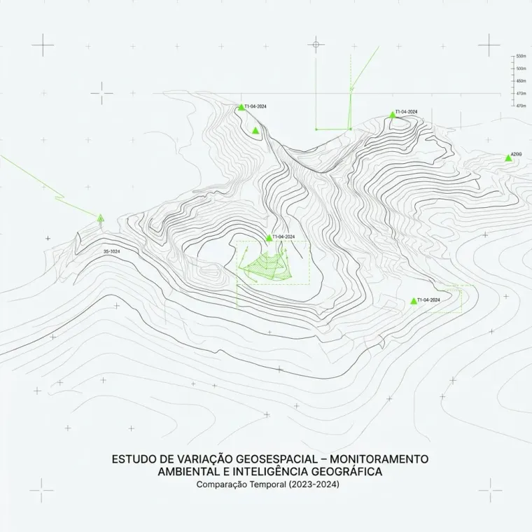 Mapa técnico de monitoramento com grade, curvas de nível e camadas geográficas