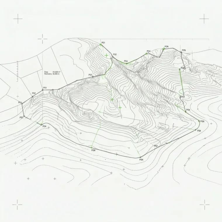 Mapa rural técnico com curvas de nível, perímetro e pontos de vértice