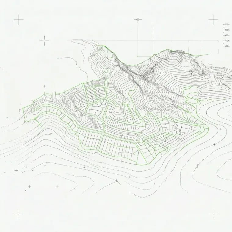 Mapa urbano técnico com lotes, quadras, linhas cadastrais e pontos de controle